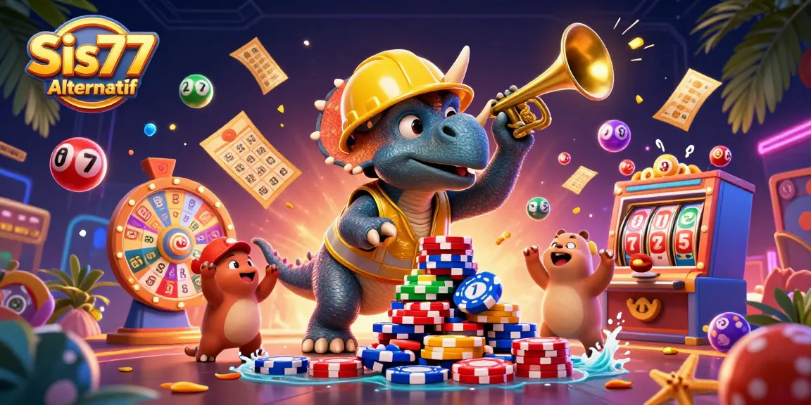 Permainan kasino "Sis77 Alternatif" dengan triceratops membangun tumpukan chip poker, dikelilingi elemen permainan yang berwarna-warni.