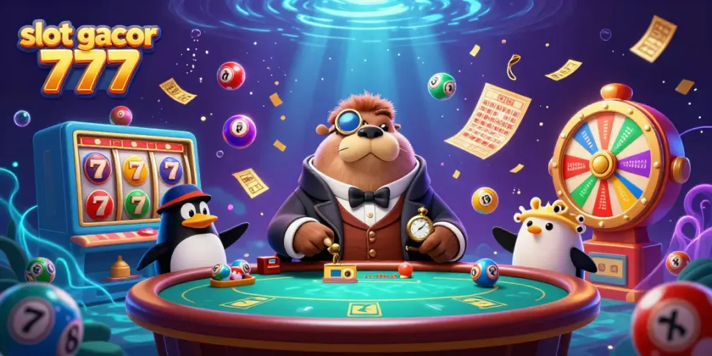 Visualisasi judi slot gacor 777 dengan karakter lucu di meja poker bawah laut.