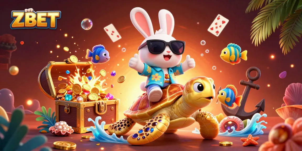 ZBET's jackpot excitement illustrated with a lucky rabbit and turtle surrounded by treasures and gaming elements.