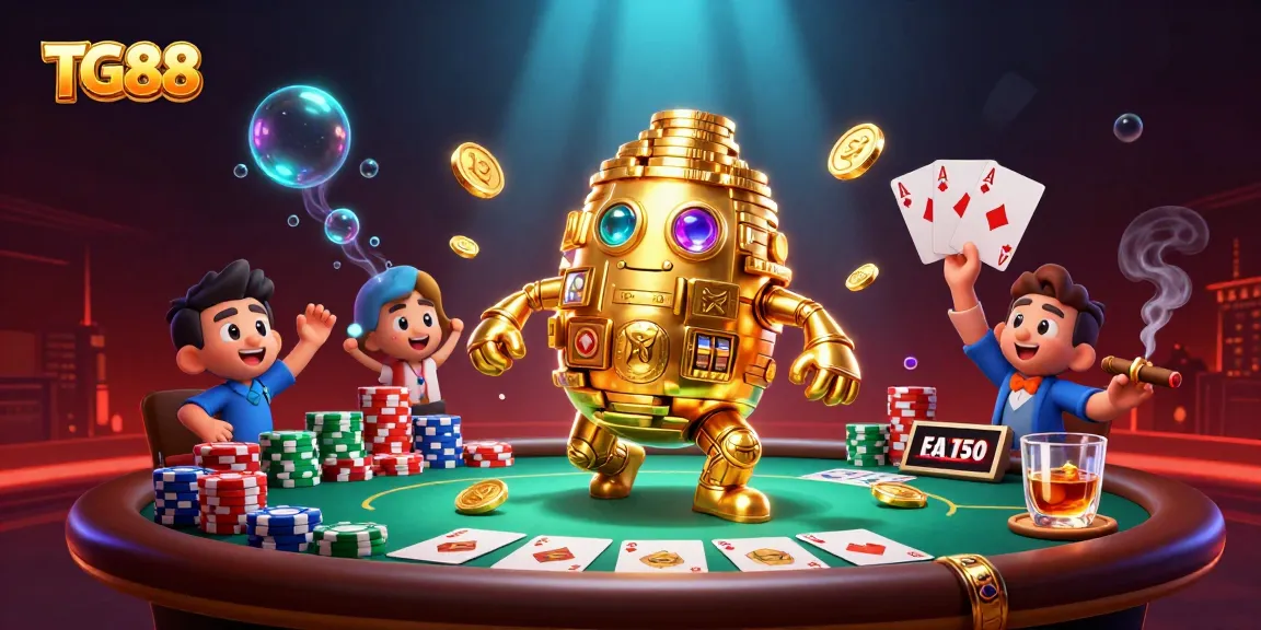 Experience the thrill of TG88 with a stunning 3D illustration featuring casino elements and a golden golem.