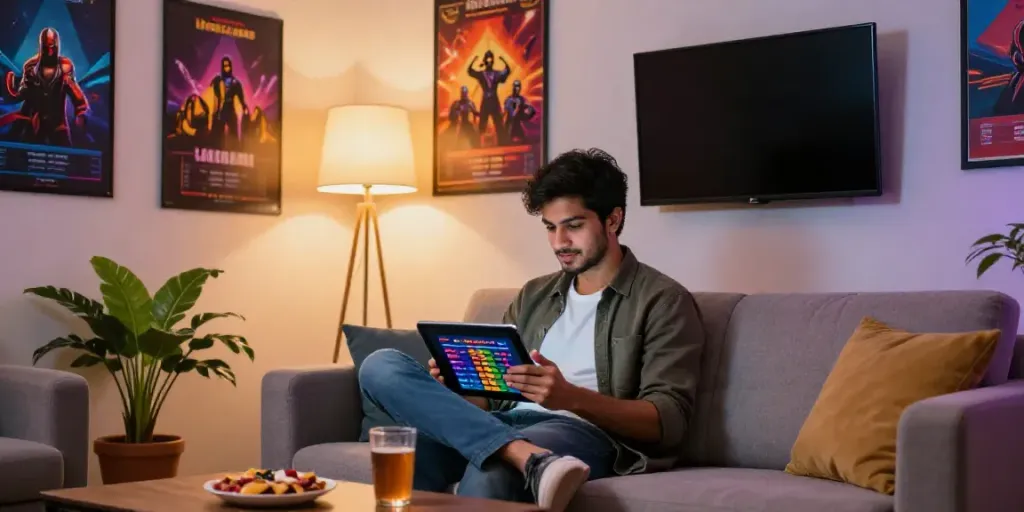 Young man enjoying the Royal X Casino app at home, illustrating the engaging gaming experience