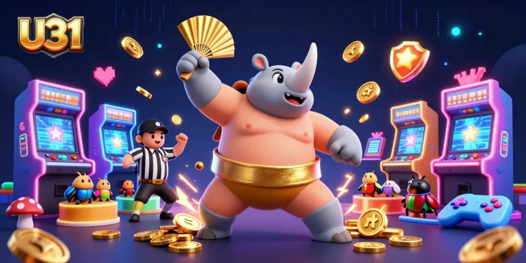 Experience thrilling gameplay with U31's vibrant casino scene featuring a rhinoceros beetle champion and dazzling arcade elements.