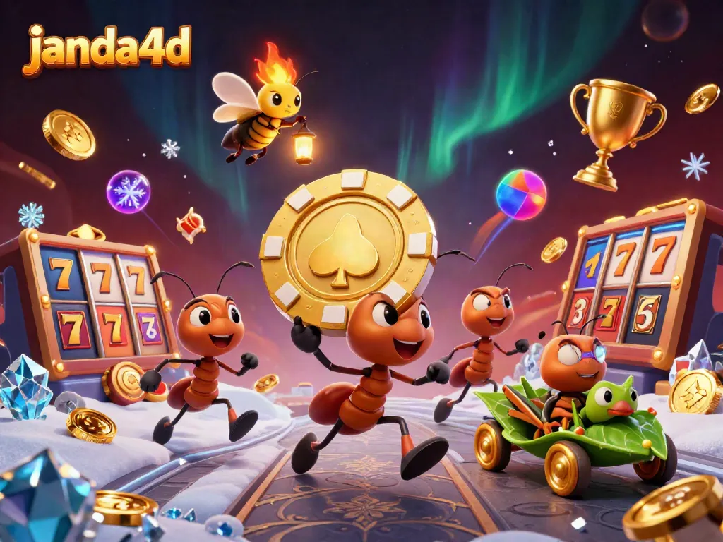 Merasakan keseruan bermain di janda4d dengan gambar tim semut 3D yang mencuri chip poker emas dalam suasana kasino.