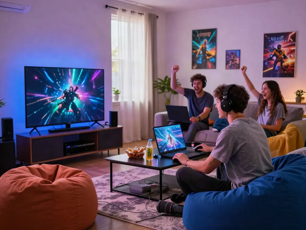 Engaging gaming scene showcasing unsurtoto with friends in a lively living room.