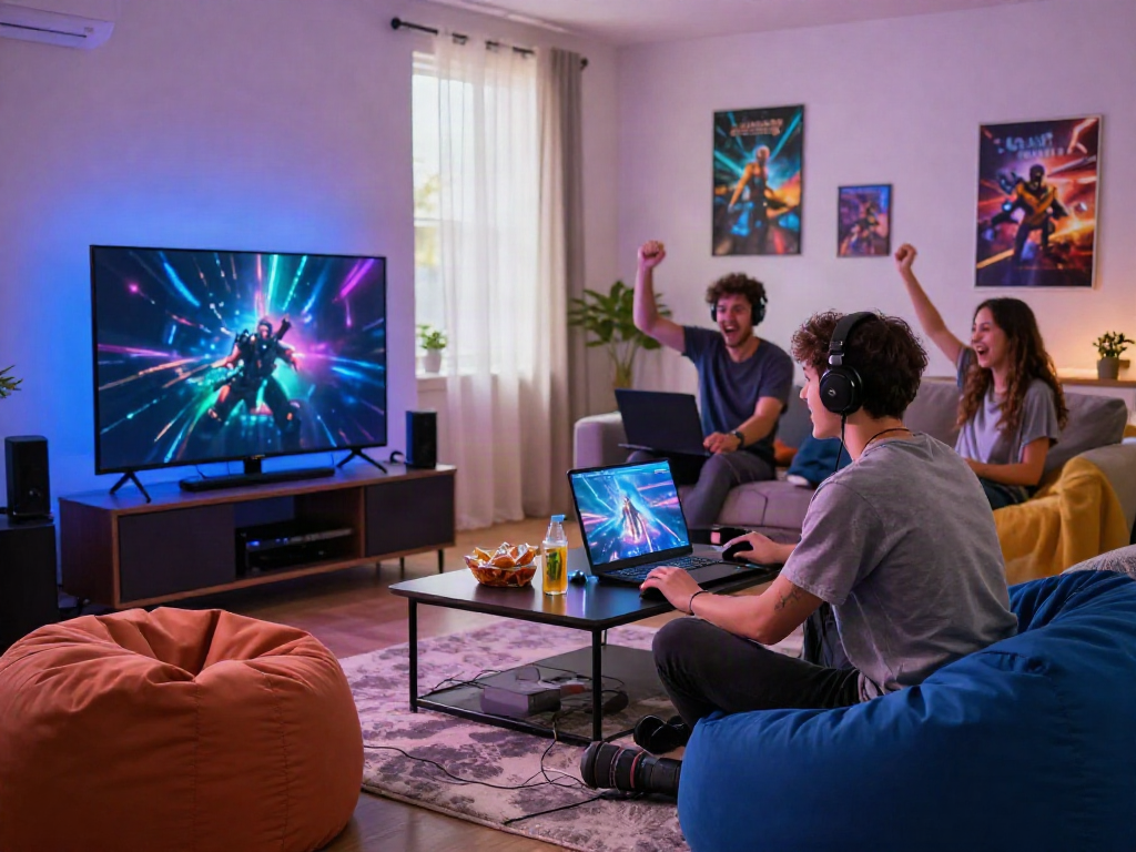 Engaging gaming scene showcasing unsurtoto with friends in a lively living room.