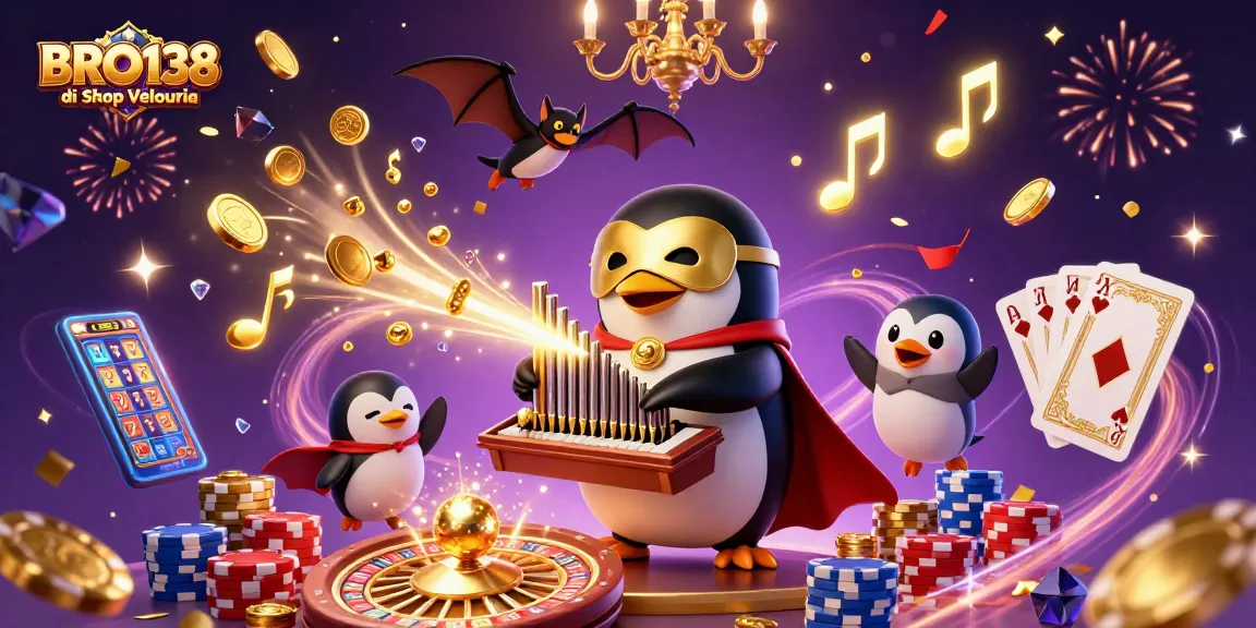 Spin to win with BRO138 di Shop Velouria showcasing vibrant casino elements and lively characters.