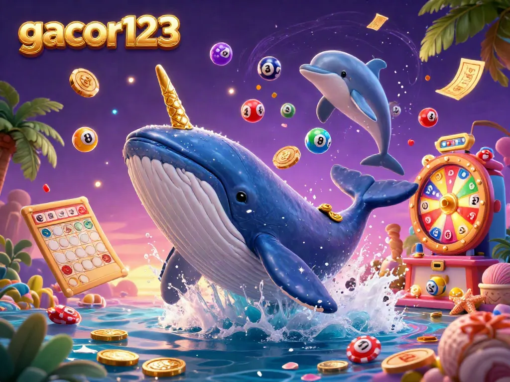 Experience exciting wins with gacor123 as a massive cartoon whale and friends celebrate amid rain of coins.