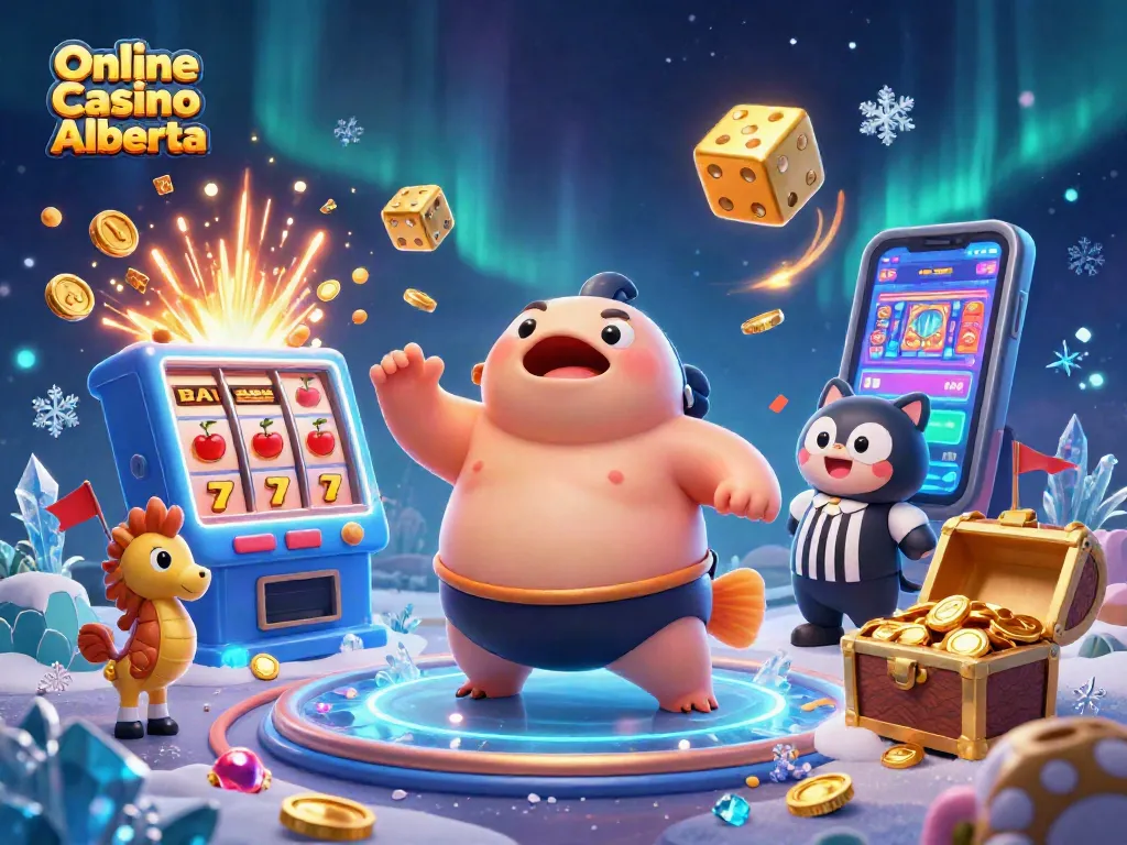 Experience thrilling gameplay at Online Casino Alberta with a vibrant cartoon scene featuring casino mascots and games.