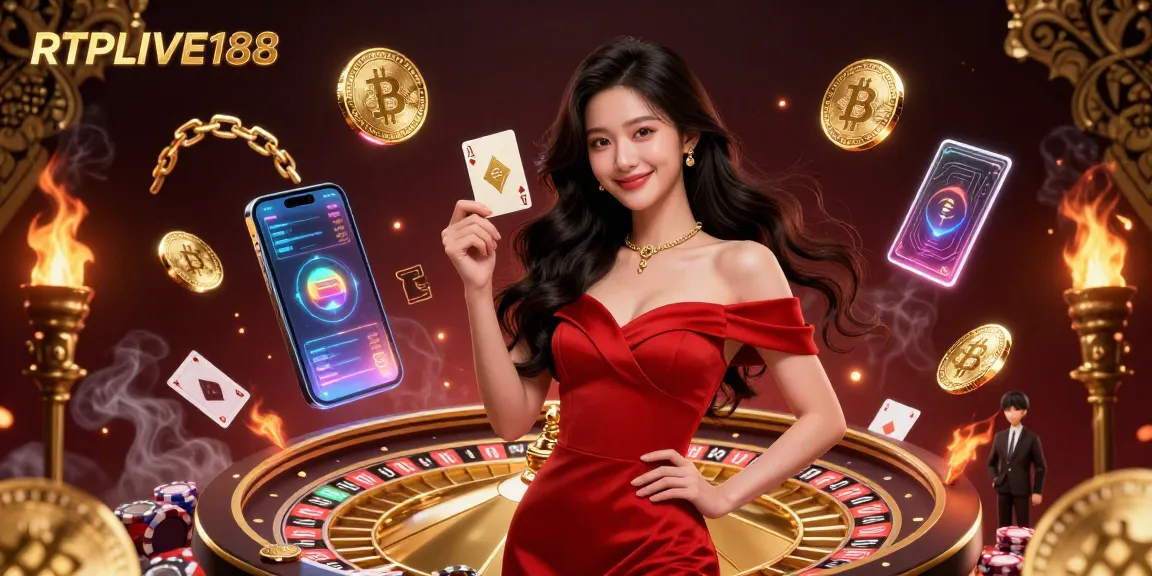 Terlibatlah dengan pengalaman kasino mewah RTPLIVE188 sambil memegang kartu bermain emas di samping roda roulette.