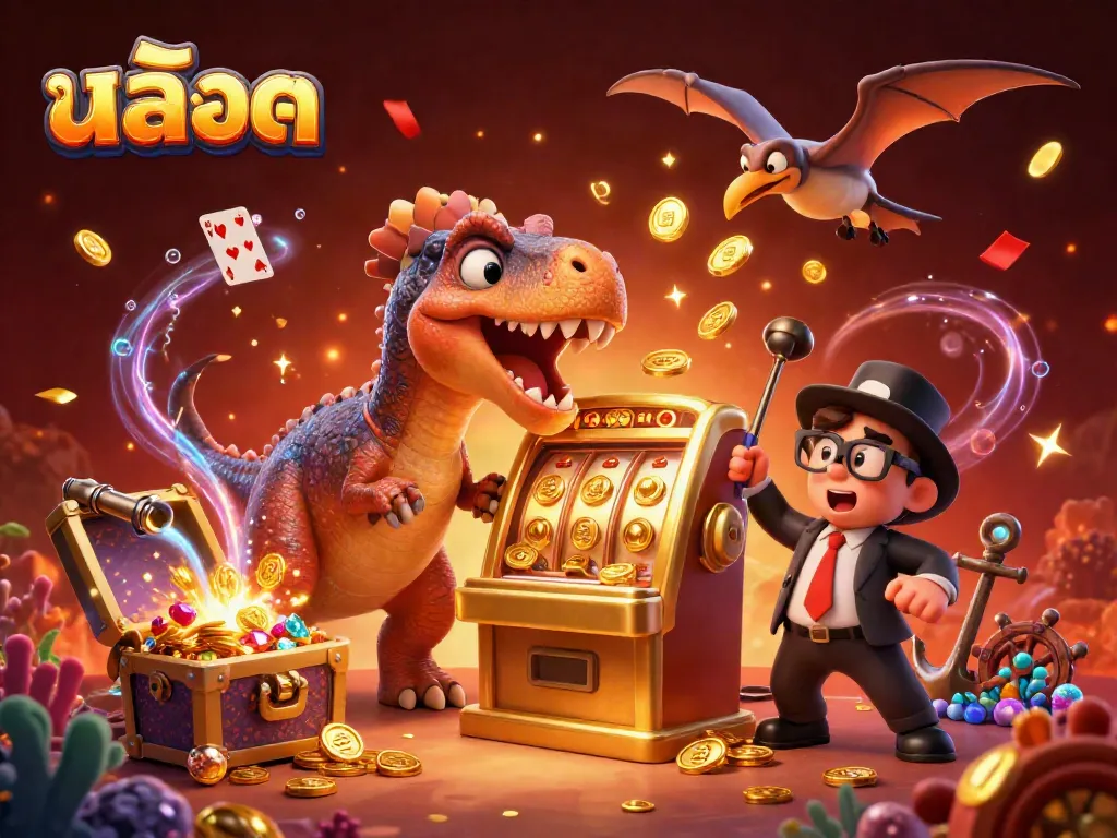 Experience excitement with สล็อต as a cartoon dinosaur headbutts a jackpot slot machine.
