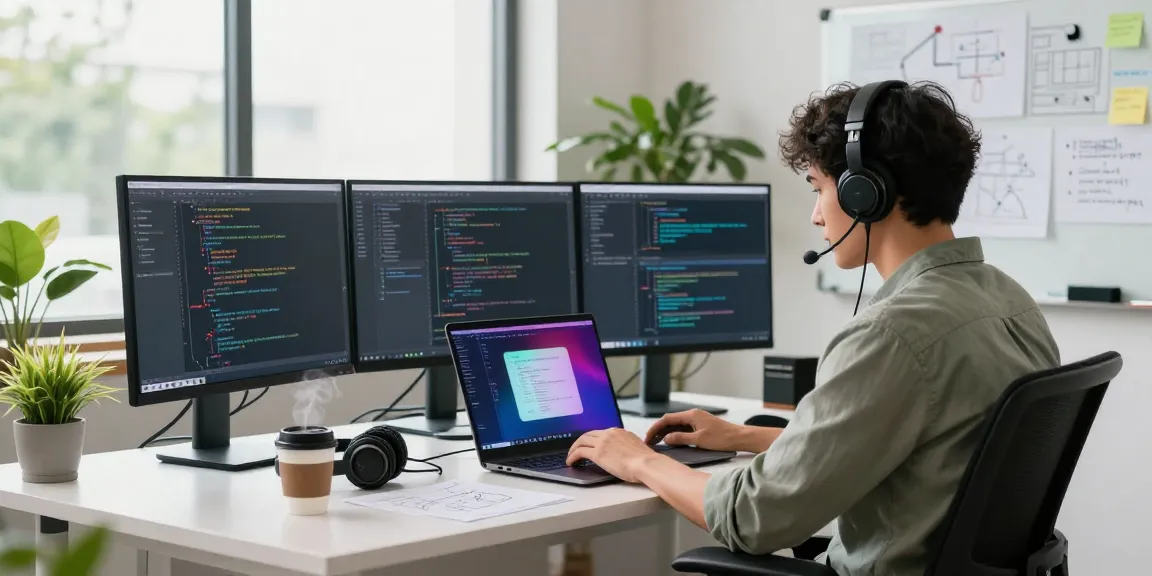 Focused programmer developing a software application, showcasing a vibrant coding environment with multiple screens and project notes.