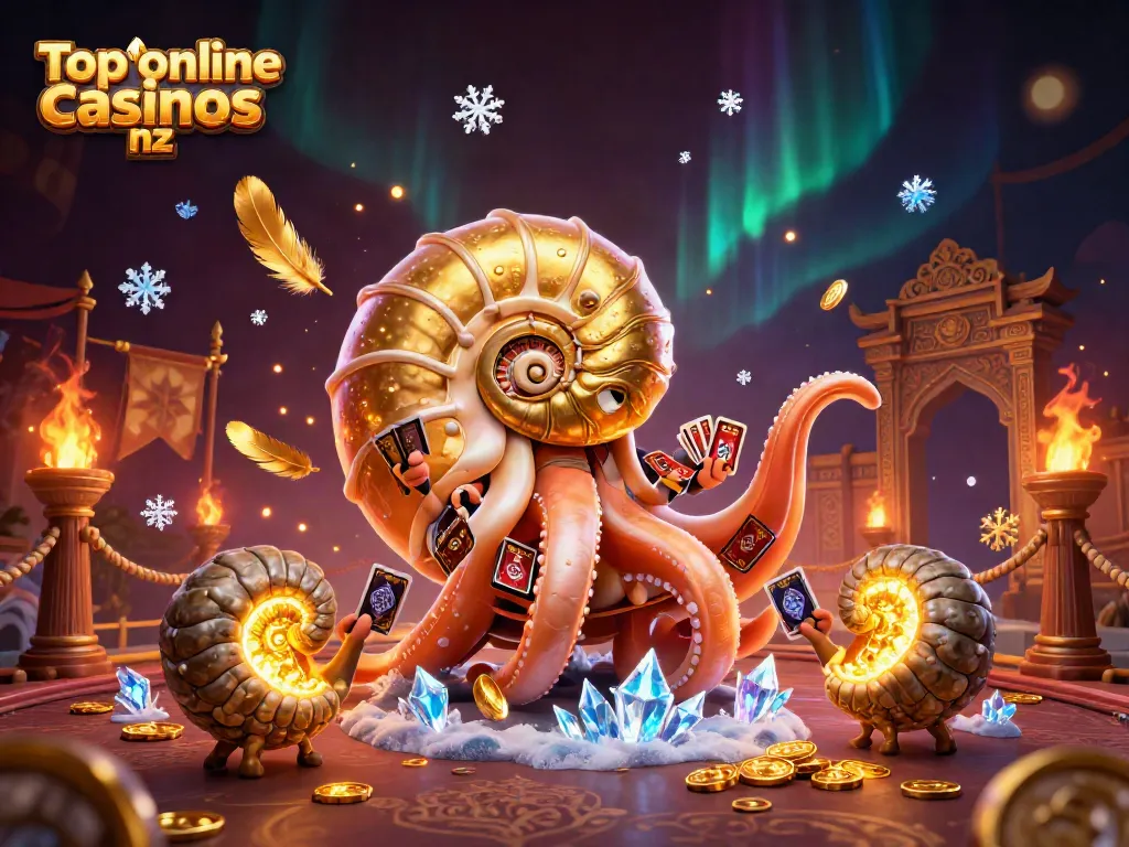 Experience top online casinos nz through a vibrant 3D casino scene featuring a nautilus roulette wheel and glowing ammonites.