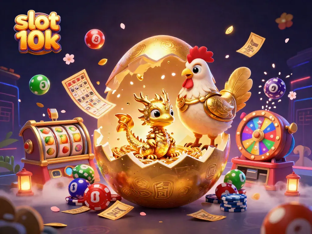 Permainan slot 10k dipenuhi simbol keberuntungan dan kejutan emas dalam suasana ceria.