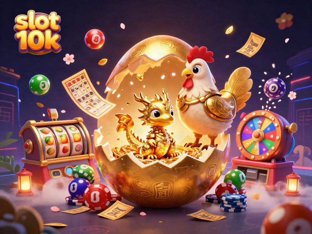 Permainan slot 10k dipenuhi simbol keberuntungan dan kejutan emas dalam suasana ceria.