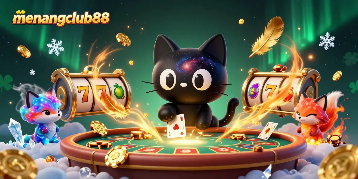 Engage with menangclub88 at a dynamic cosmic casino, featuring a black hole cat and nebula fox.