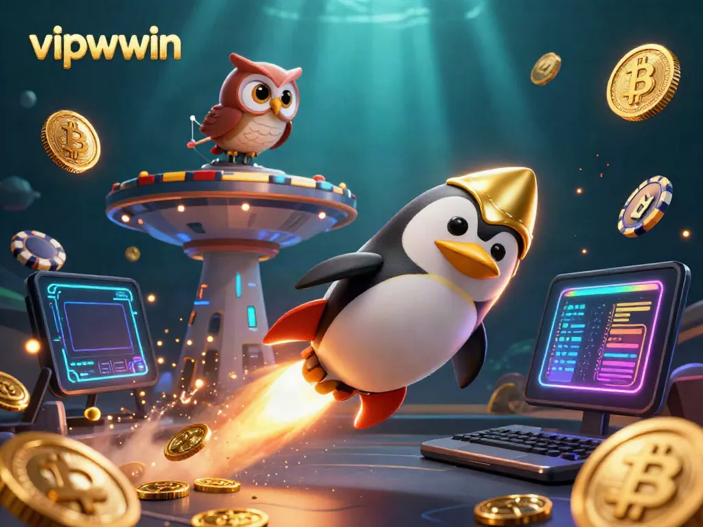 Experience the thrill of vipwwin with a golden penguin flying towards a poker chip casino, surrounded by crypto elements.