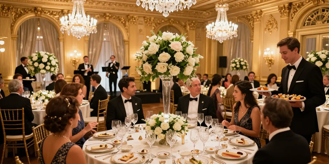 Suasana acara mewah dengan tamu berpakaian formal di ballroom, menampilkan luxury111.