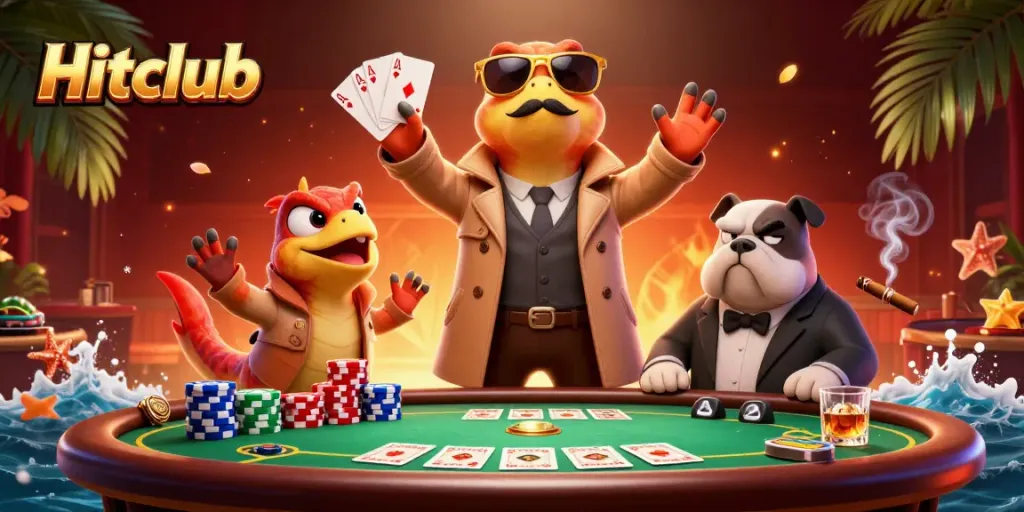 Hitclub raptors hilariously attempt entry into a casino while surrounded by colorful poker elements.