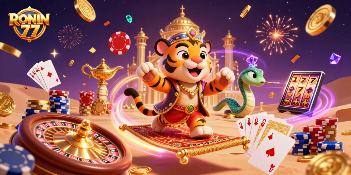 Play exciting games at RONIN 77 with vibrant casino elements thriving around a magical sultan.