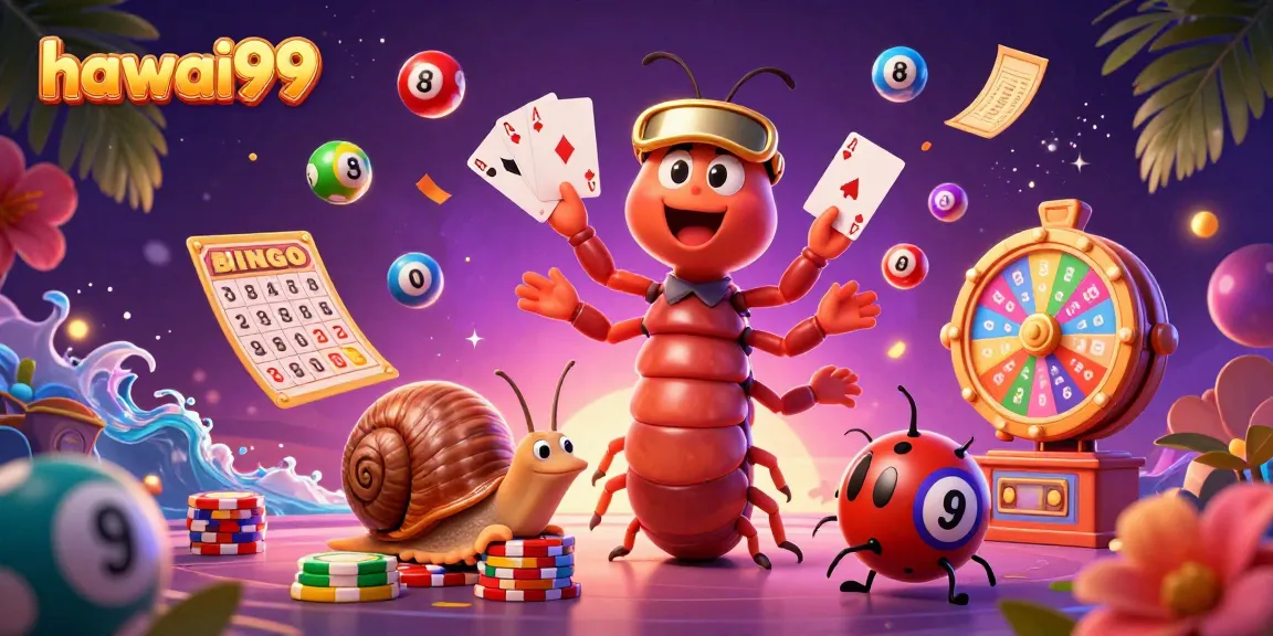 Hawais99's exciting 3D casino scene showcases an animated millipede dealer managing colorful lottery elements.