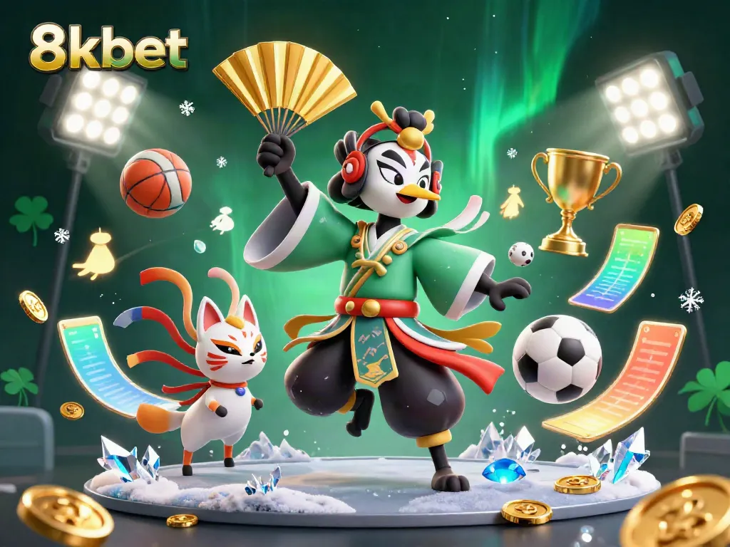 Experience thrilling action at 8kbet with immersive gaming elements like golden trophies and dynamic sports balls.