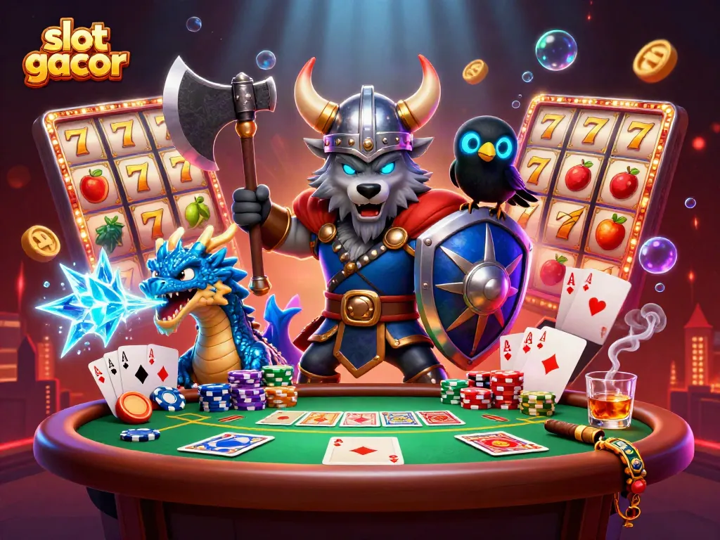 Engage in thrilling gameplay with the slot gacor showcasing a Viking wolf warrior, a fierce dragon, and vibrant slot reels.