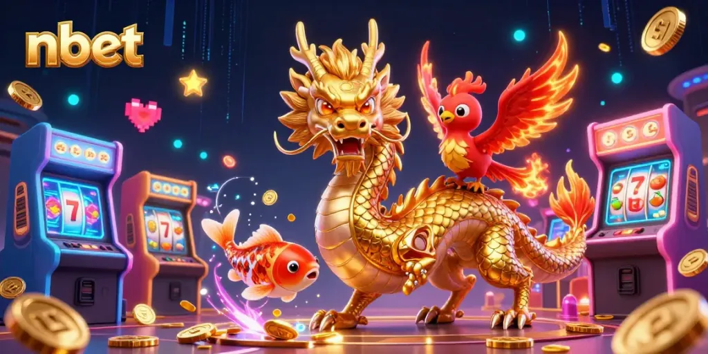 Experience thrilling gameplay at nbet with a vibrant scene featuring a golden dragon, phoenix, and koi fish surrounded by engaging casino elements.
