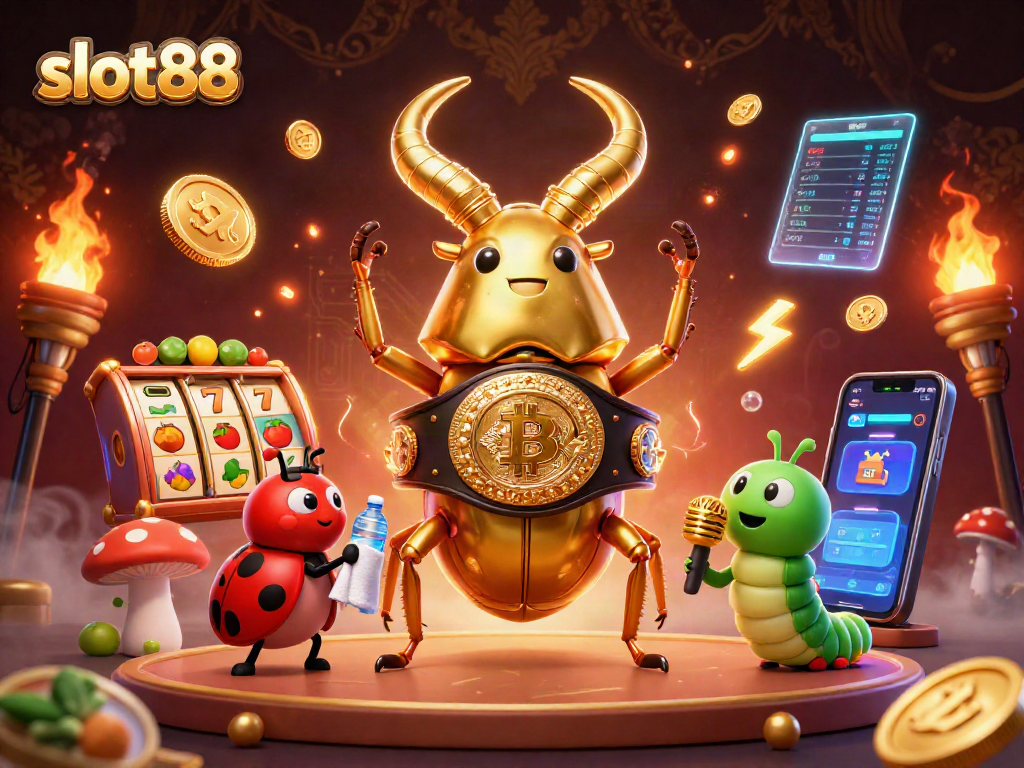 Slot88 memicu jackpot dengan beetle juara, simbol buah, dan koin digital berkilau.