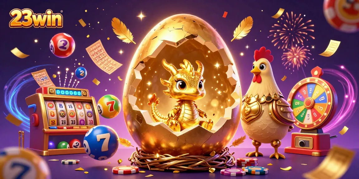 Experience 23win's exciting gaming universe with golden dragons, slot machines, and vibrant lottery elements.