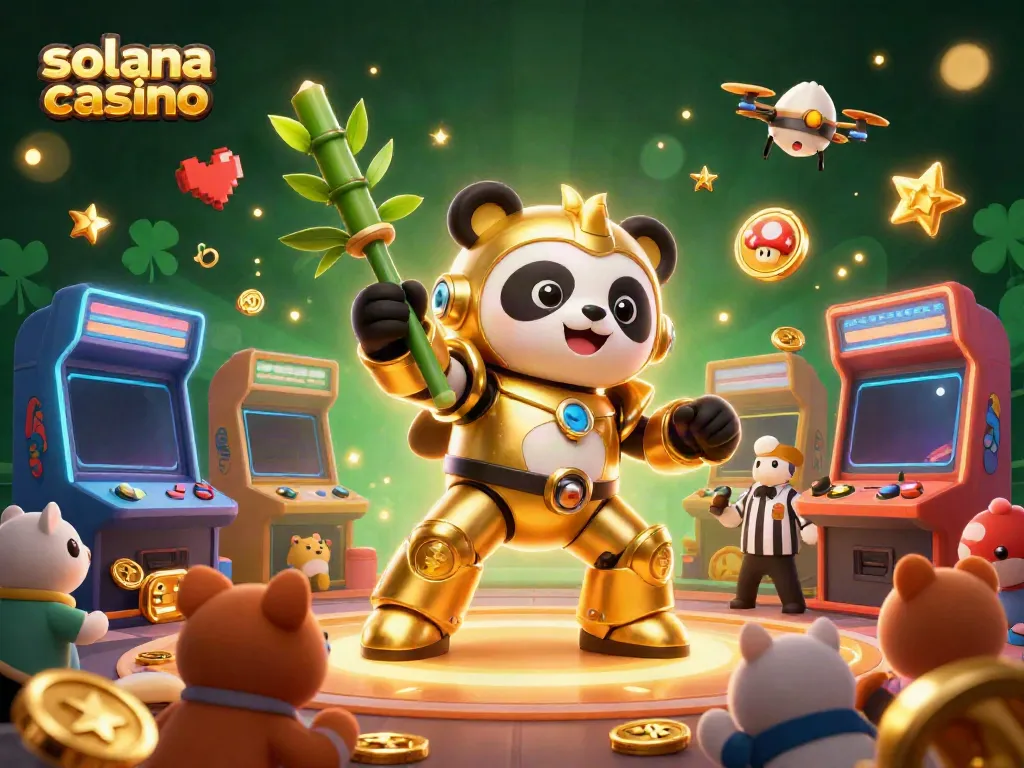 Engaging action scene at a Solana casino featuring a mech-suit panda in an arcade-like arena.