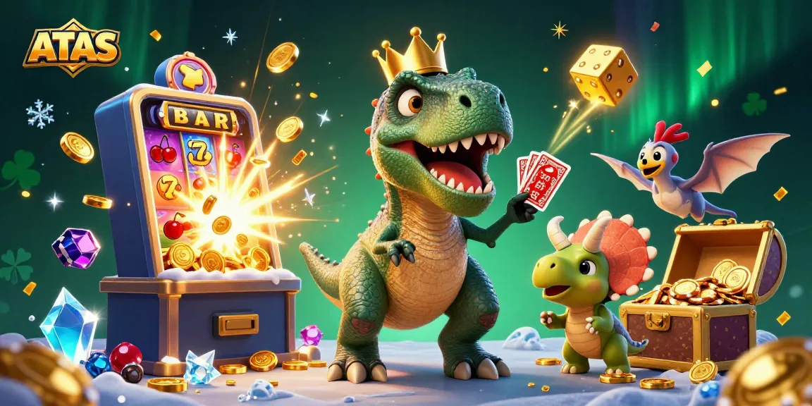 Engage with ATAS casino action featuring cartoon T-Rex, pterodactyl, and triceratops in vibrant jackpot chaos.