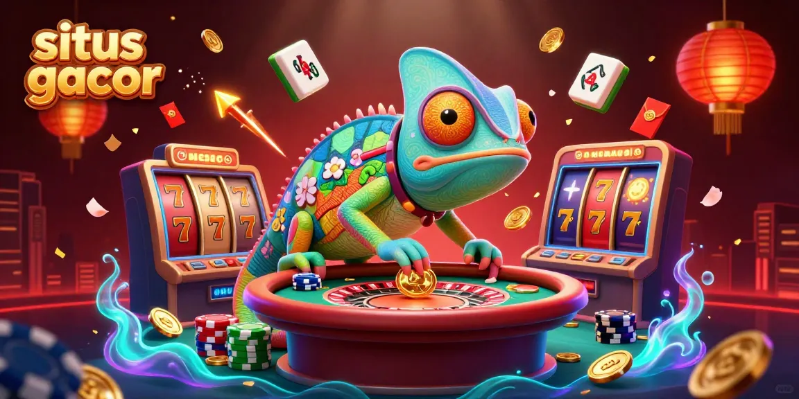 Menggambarkan situs gacor dengan karakter chameleon kasino dan elemen slot dalam ilustrasi 3D.