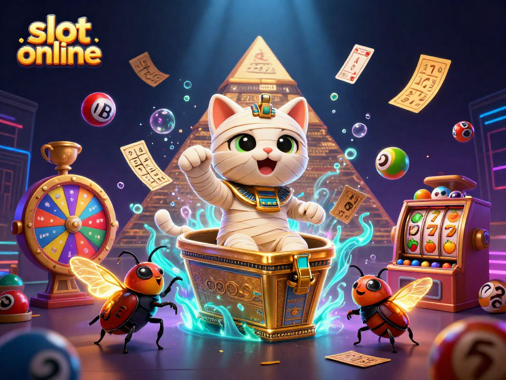 Mainkan slot online di kasino dengan kucing mumi, bola lotere, dan kartu hieroglif.