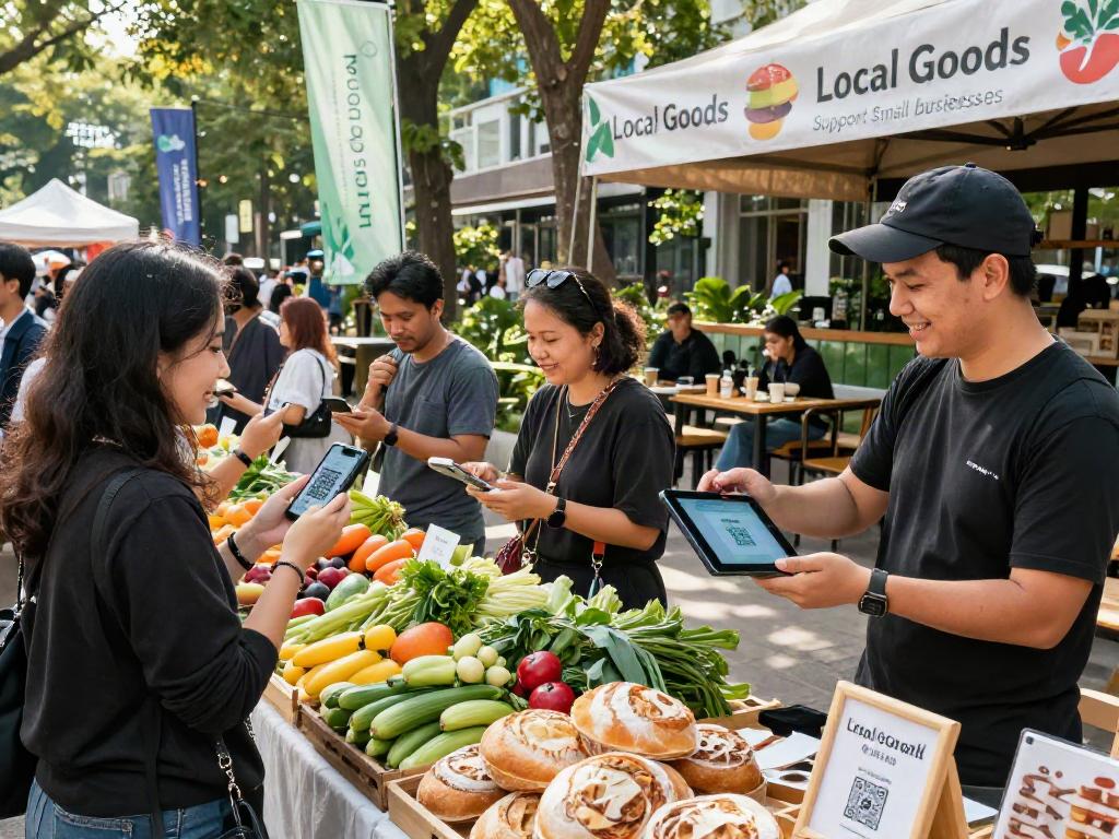Group of buyers using slot qris 5k in vibrant outdoor market.