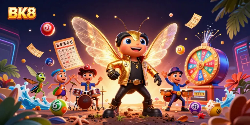 Play and win at BK8, featuring a vibrant 3D scene with animated characters celebrating gaming success.