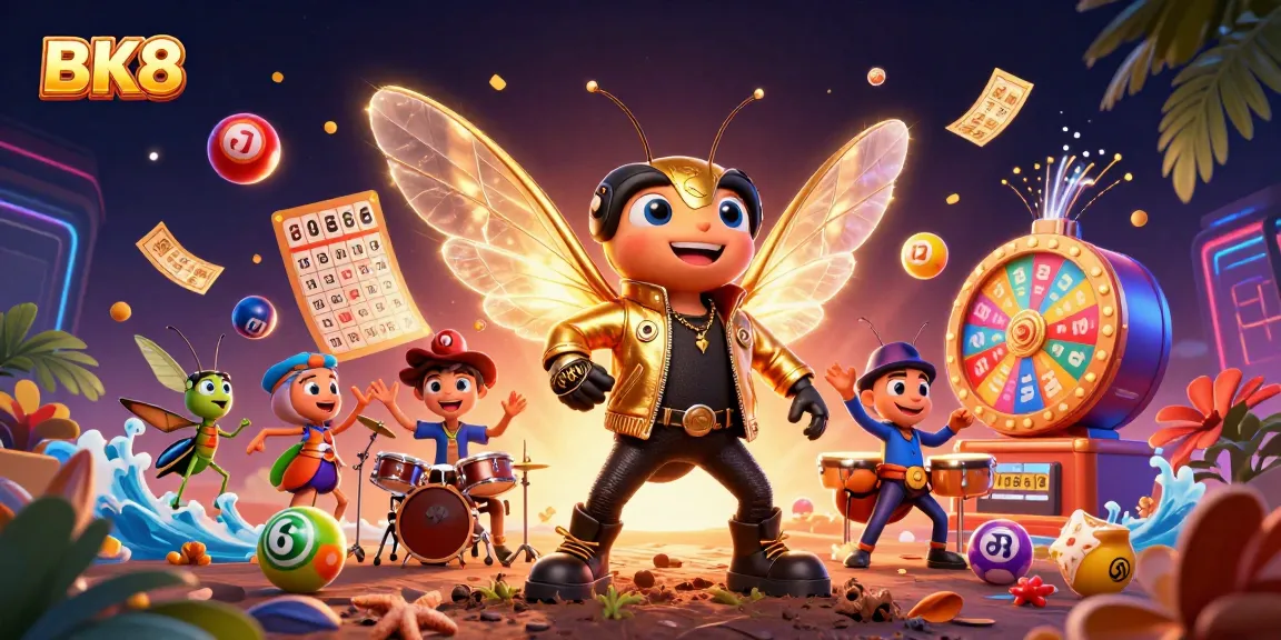 Play and win at BK8, featuring a vibrant 3D scene with animated characters celebrating gaming success.