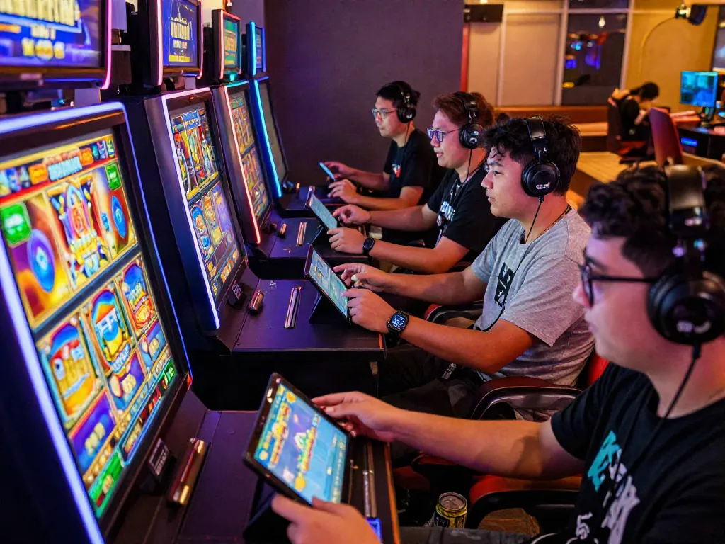 Players engaging with slot resmi on multiple devices in a vibrant online gaming atmosphere, showcasing user-friendly interfaces and dynamic visuals.