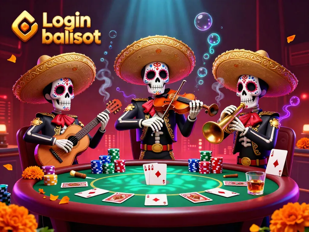 Engage with Login balislot in this vibrant 3D illustration showcasing a lively mariachi band amidst a poker scene.