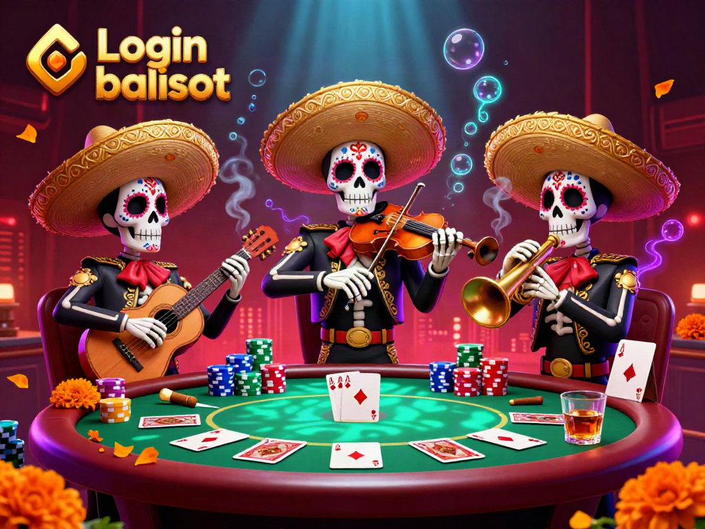 Engage with Login balislot in this vibrant 3D illustration showcasing a lively mariachi band amidst a poker scene.