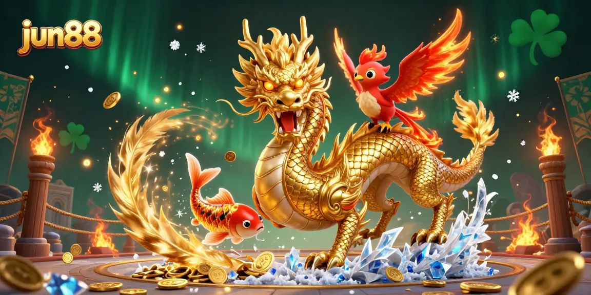 Experience thrilling action with jun88, showcasing a dynamic casino scene featuring mythic creatures and gold.