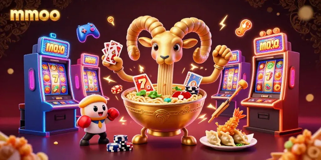 Experience the excitement of mmoo in a vibrant casino with characters like a giant ramen bowl and sushi dealer.