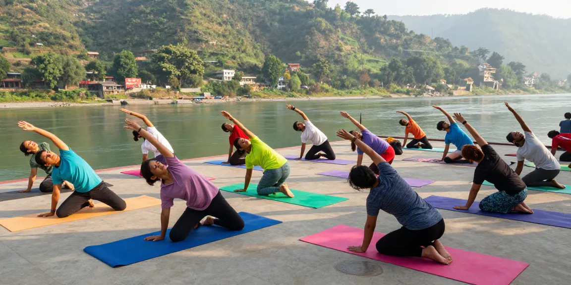 Group of students practicing yoga at sunrise, showcasing Best yoga teacher training in Rishikesh India in a serene riverside setting.
