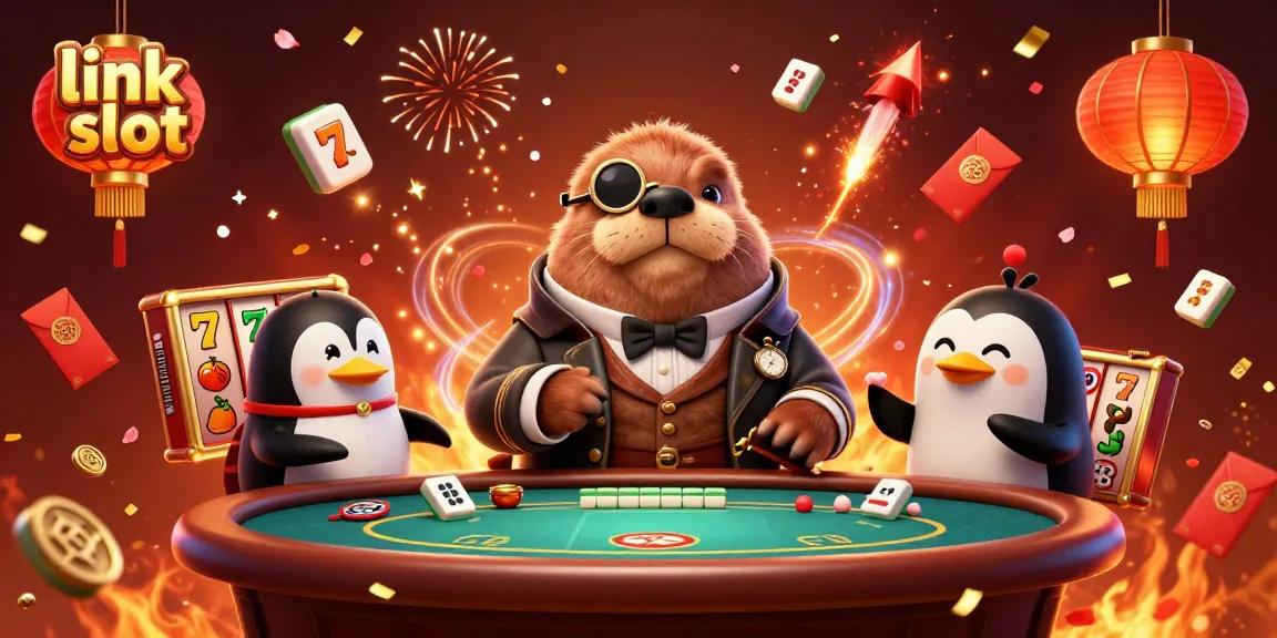 Bermain link slot dengan simbol jackpot dan karakter penghibur di kasino virtual.