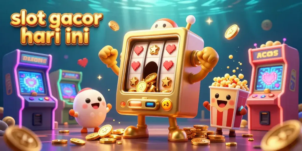 Revel in the excitement of slot gacor hari ini as a golden slot machine hits a jackpot with coins spilling, surrounded by cheering machines.