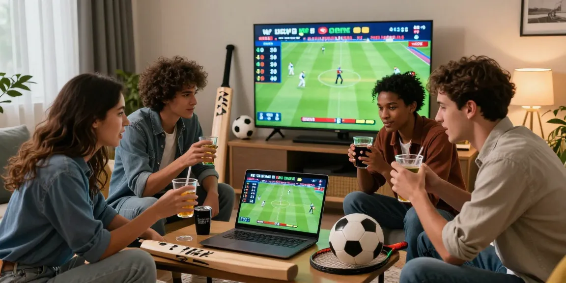 Exciting lotus365 sports betting scene with friends engaging in cricket, football, and tennis bets.