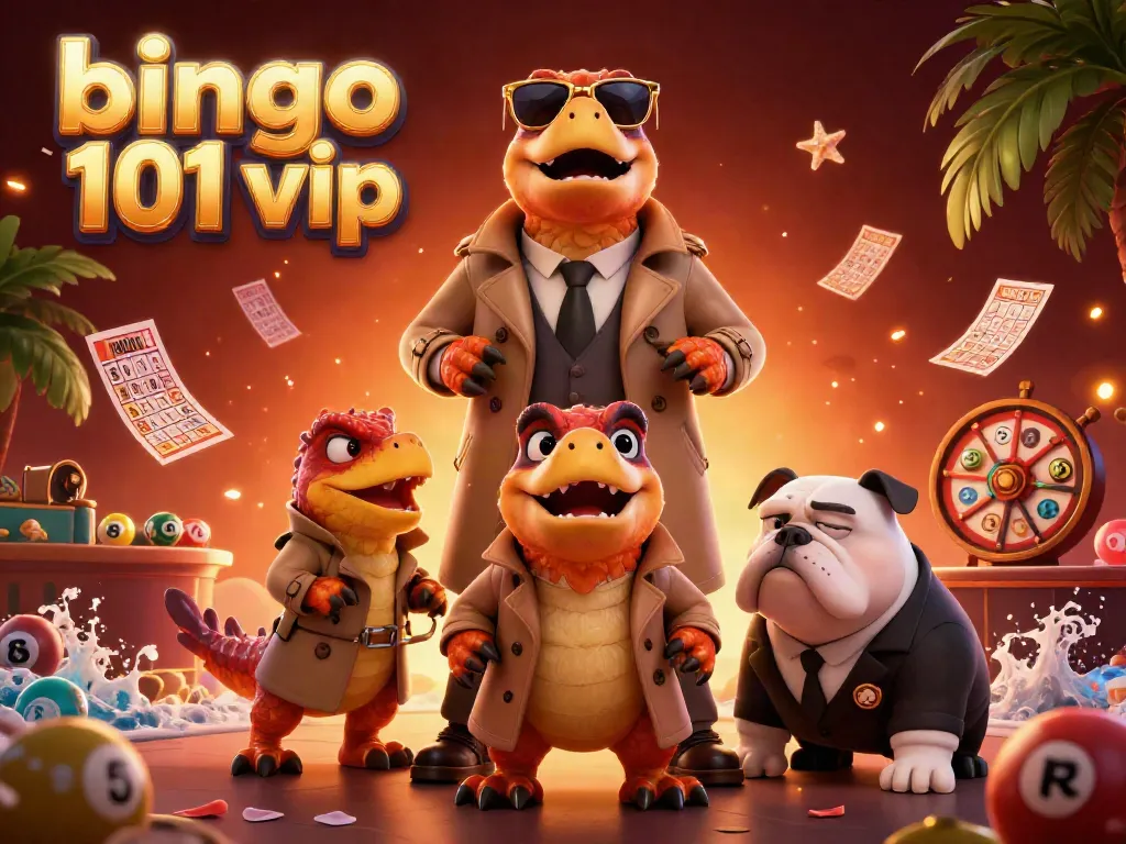 Raptor berkostum memasuki lounge VIP Bingo 101 VIP dengan kartu dan bola binggo.