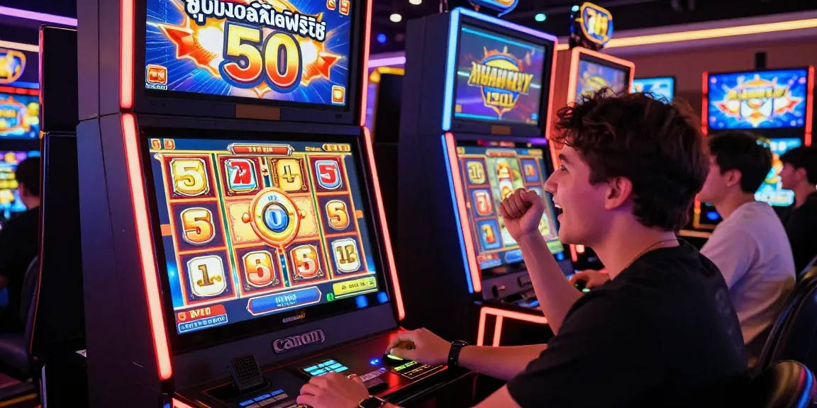 Player celebrating a win with the ซุปเปอร์สล็อตฟรี50 slot promotion in a vibrant online casino.