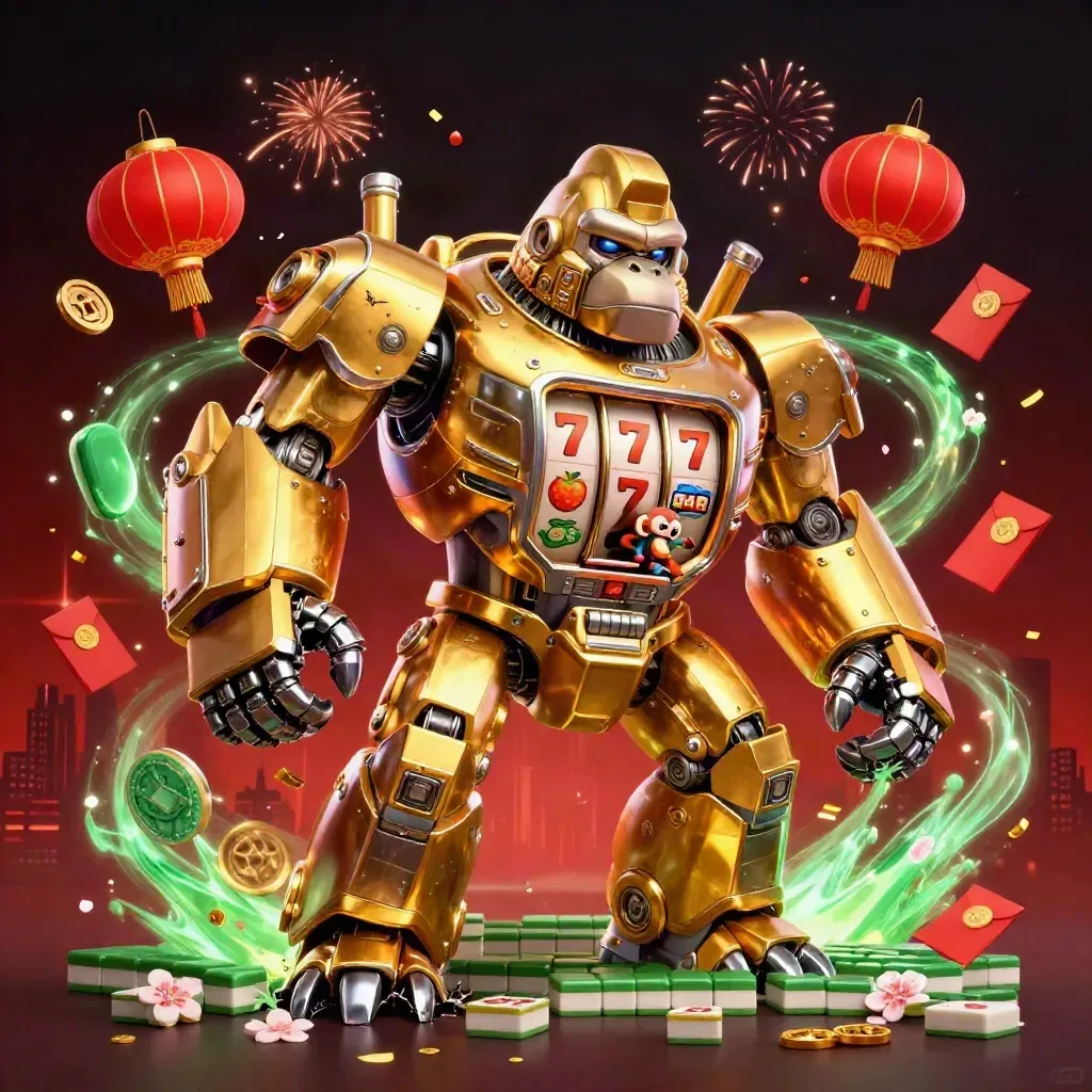 Golden gorilla slot mech with monkey pilot amid reels, lanterns, coins, and fireworks in a dark neon sky