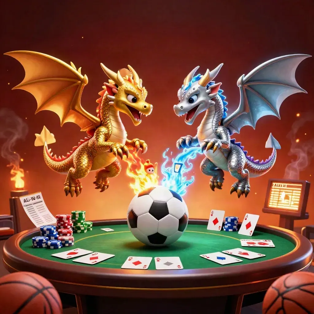 Gold and silver dragons whirl over casino chips, cards, a soccer ball and embers.