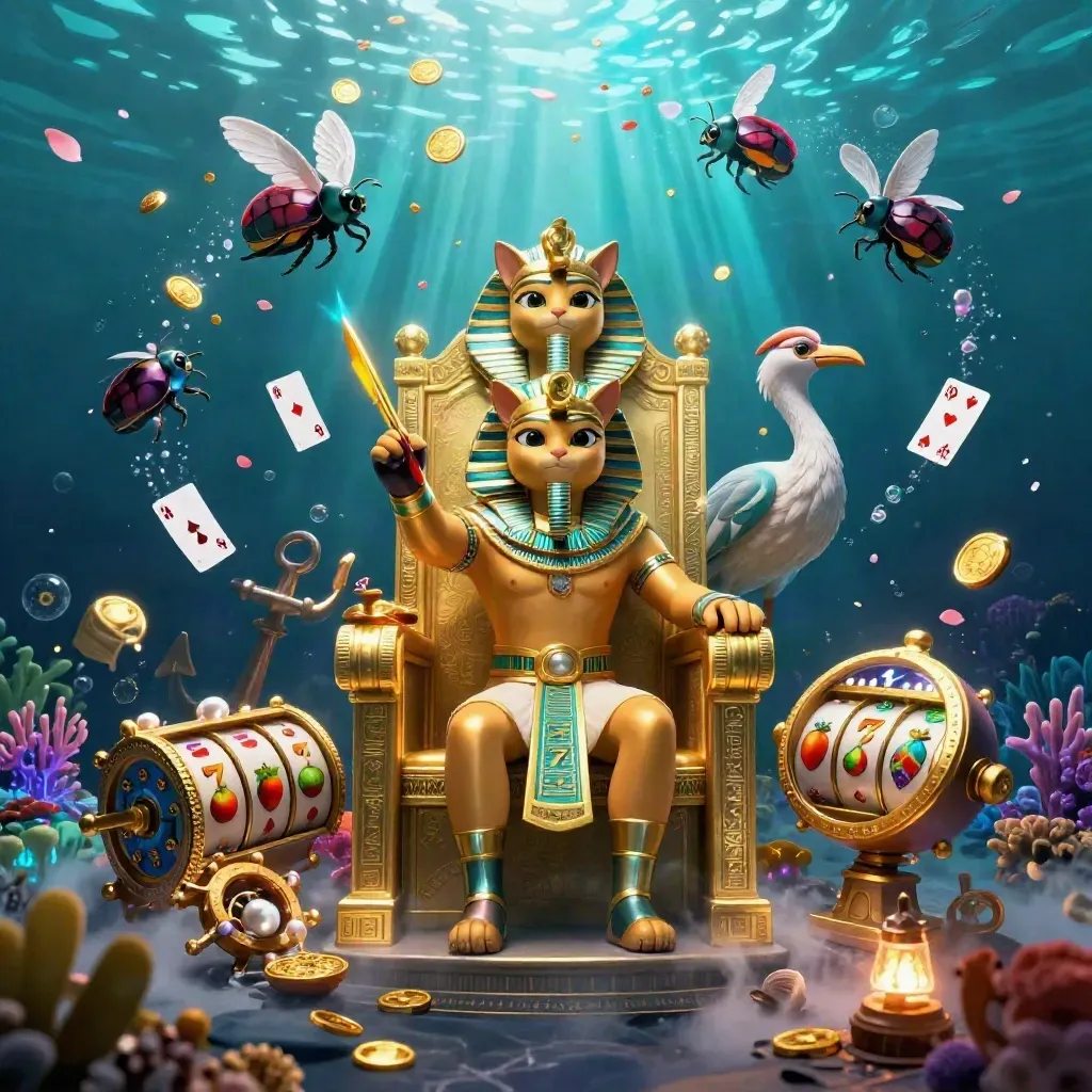 Golden pharaoh cat, ibis scribe, and gem-wing scarabs in an underwater treasure cove.